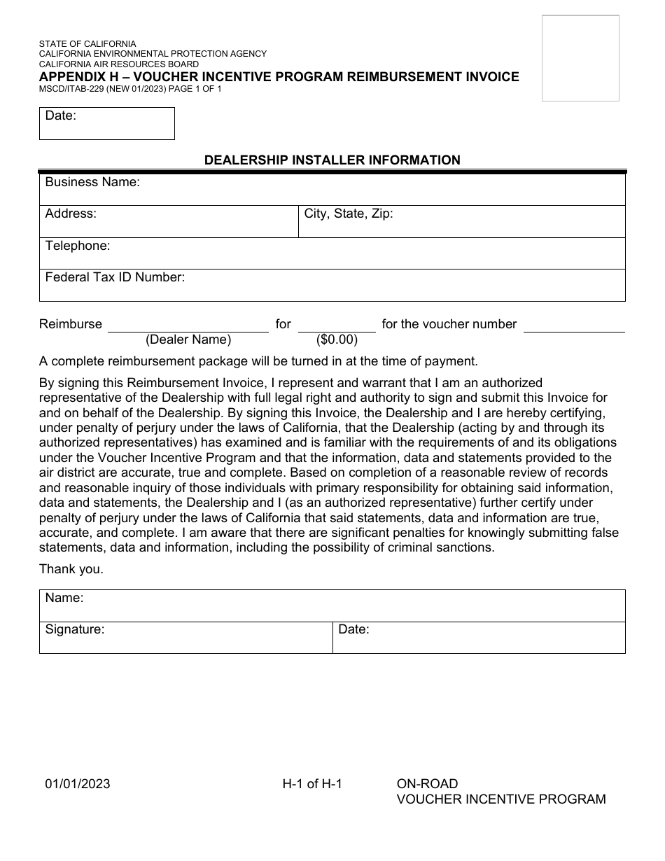 Form MSCD / ITAB-229 Appendix H Voucher Incentive Program Reimbursement Invoice - California, Page 1