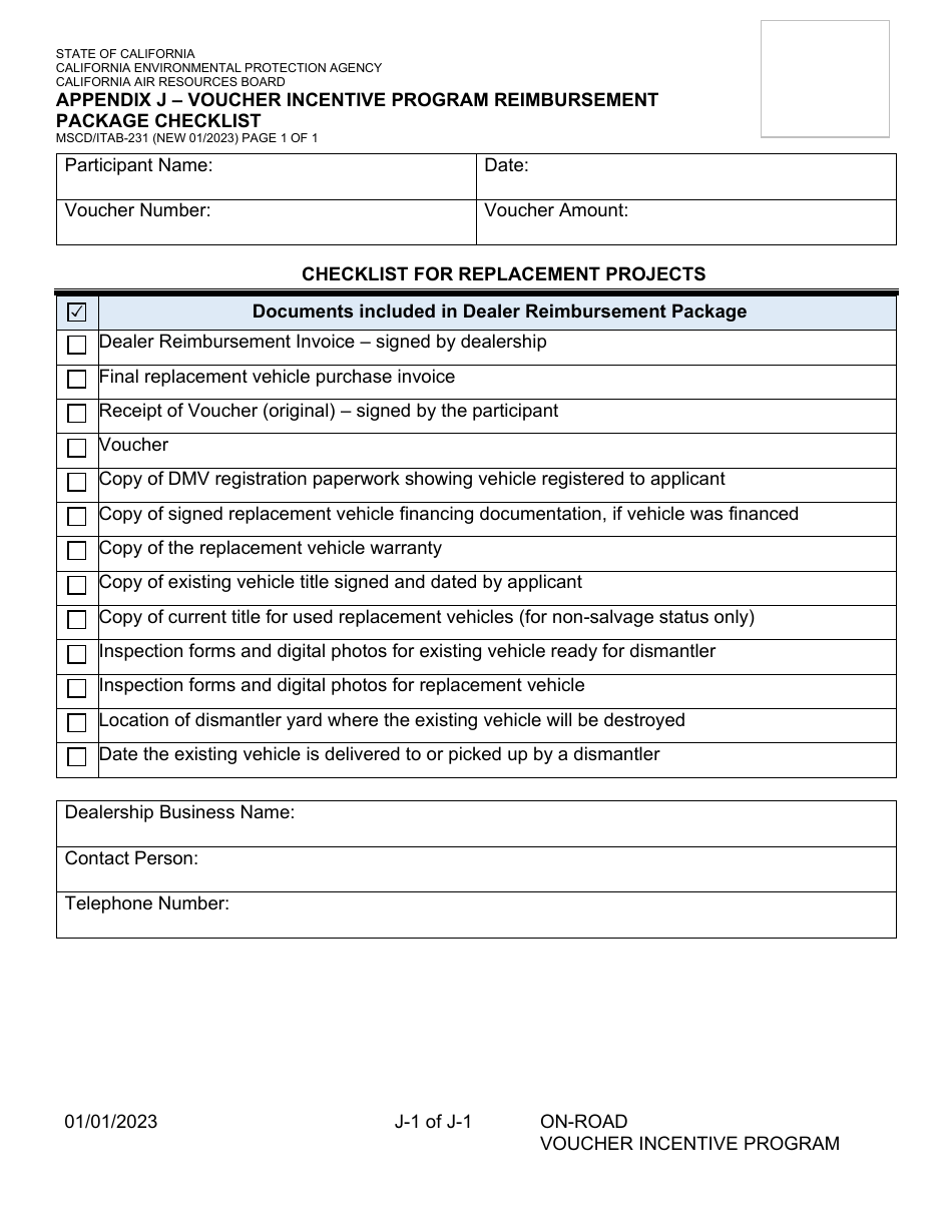 Form MSCD / ITAB-231 Appendix J Voucher Incentive Program Reimbursement Package Checklist - California, Page 1