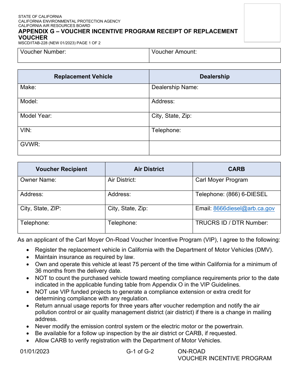 Form MSCD / ITAB-228 Appendix G Voucher Incentive Program Receipt of Replacement Voucher - California, Page 1