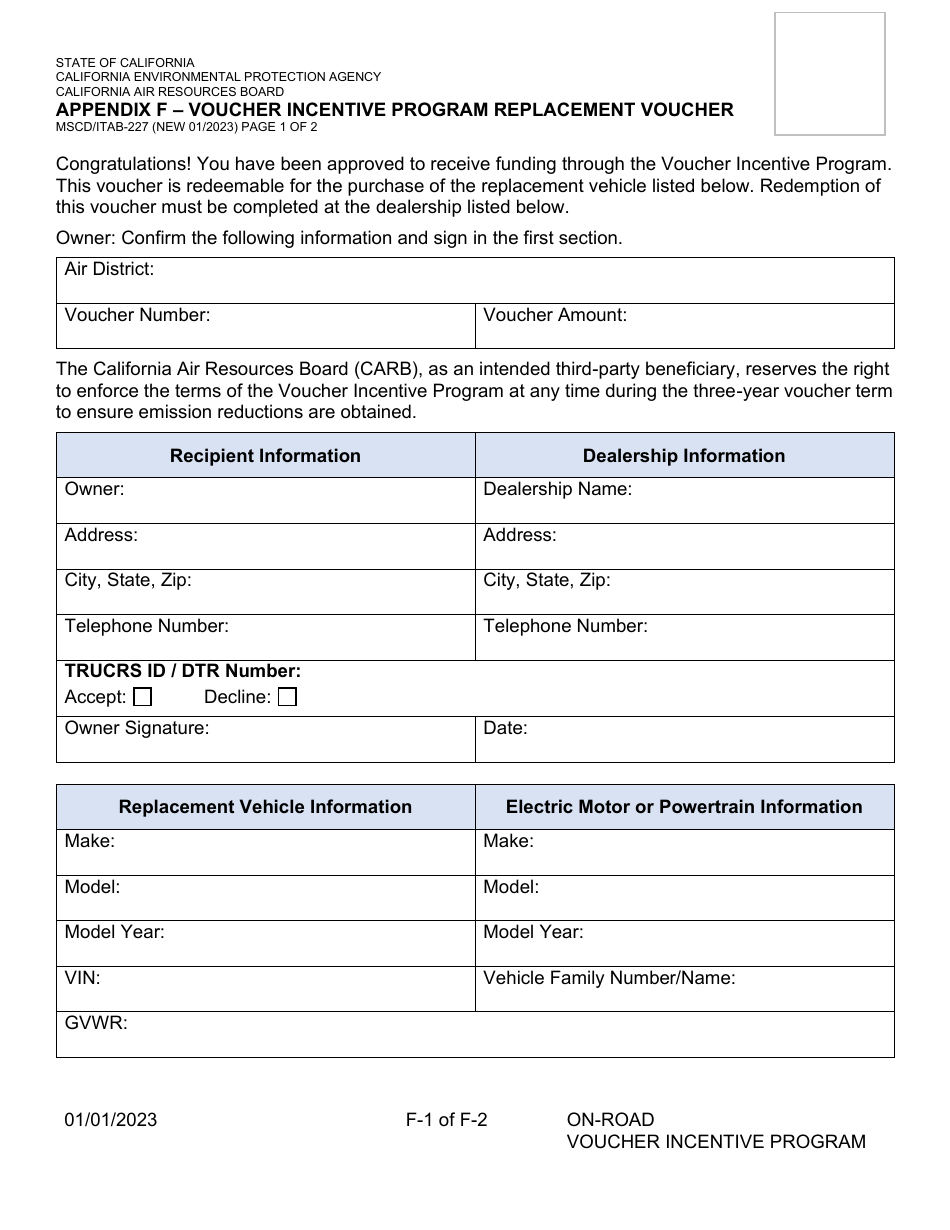 Form MSCD / ITAB-227 Appendix F Voucher Incentive Program Replacement Voucher - California, Page 1