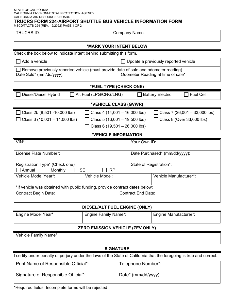 TRUCRS Form 224 (MSCD / TACTB-224) Airport Shuttle Bus Vehicle Information Form - California, Page 1