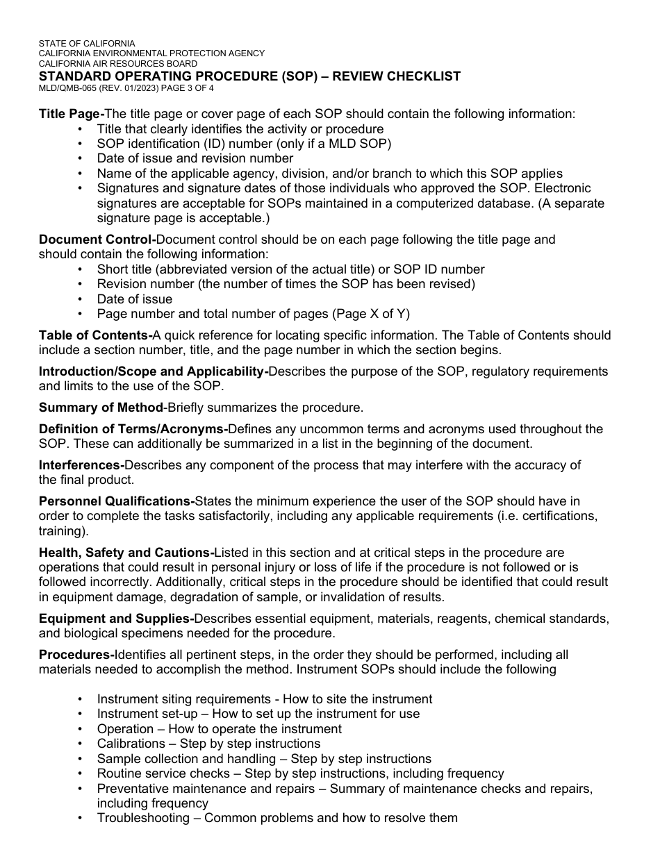 Form MLD / QMB-065 Standard Operating Procedure (Sop) - Review Checklist - California, Page 3