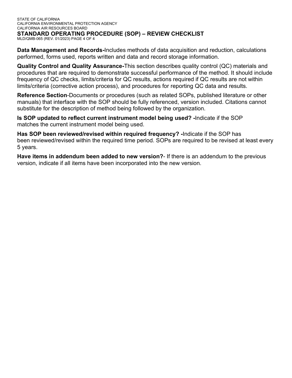 Form MLD / QMB-065 Standard Operating Procedure (Sop) - Review Checklist - California, Page 4