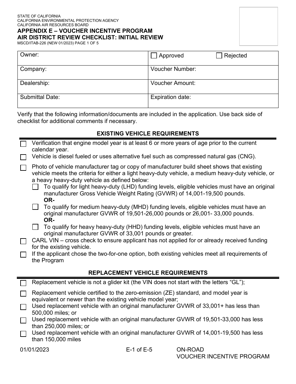 Form MSCD / ITAB-226 Appendix E Voucher Incentive Program Air District Review Checklist: Initial Review - California, Page 1