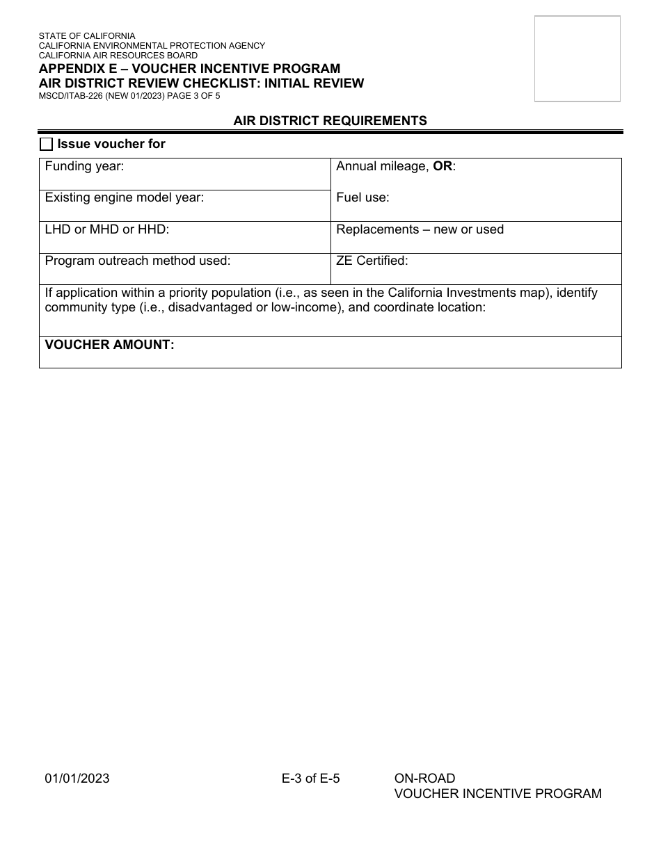 Form MSCD / ITAB-226 Appendix E Voucher Incentive Program Air District Review Checklist: Initial Review - California, Page 3