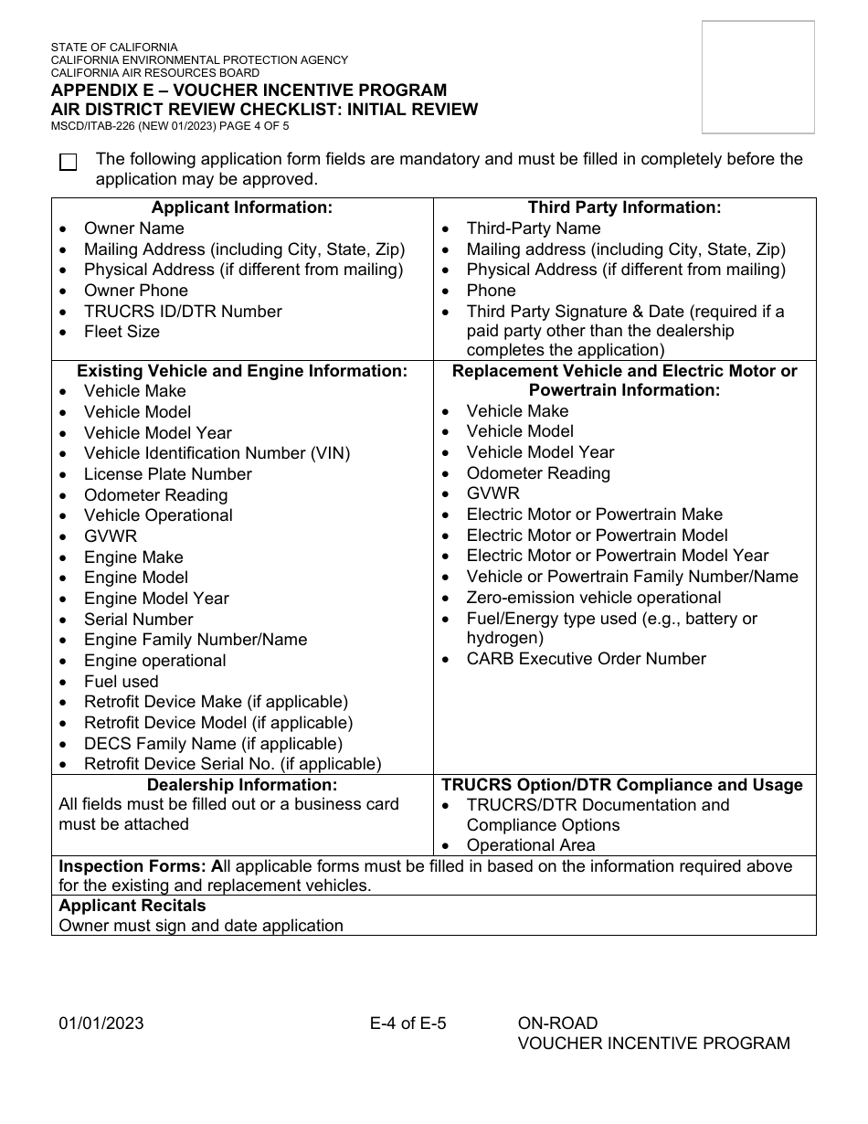Form MSCD / ITAB-226 Appendix E Voucher Incentive Program Air District Review Checklist: Initial Review - California, Page 4