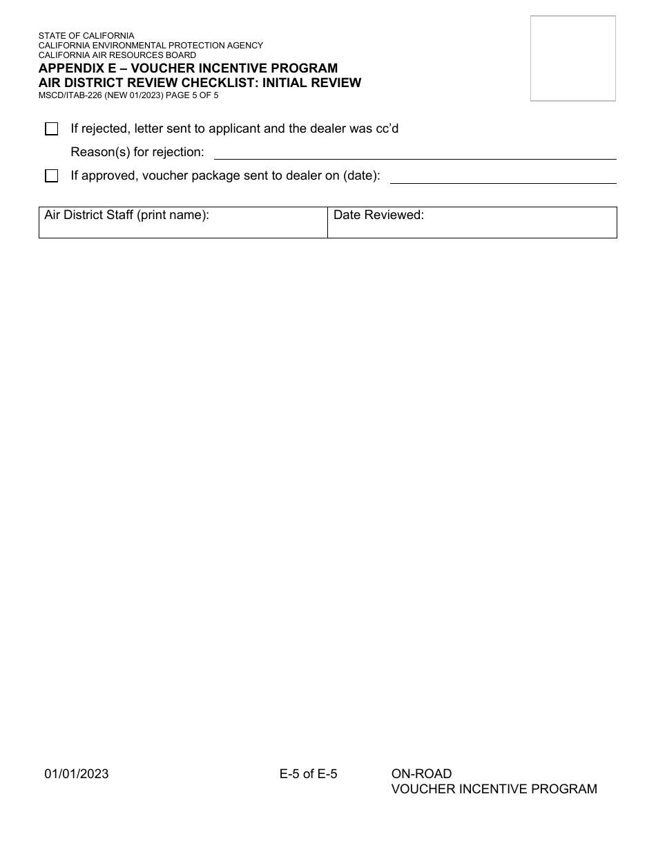 Form MSCD / ITAB-226 Appendix E Voucher Incentive Program Air District Review Checklist: Initial Review - California, Page 5