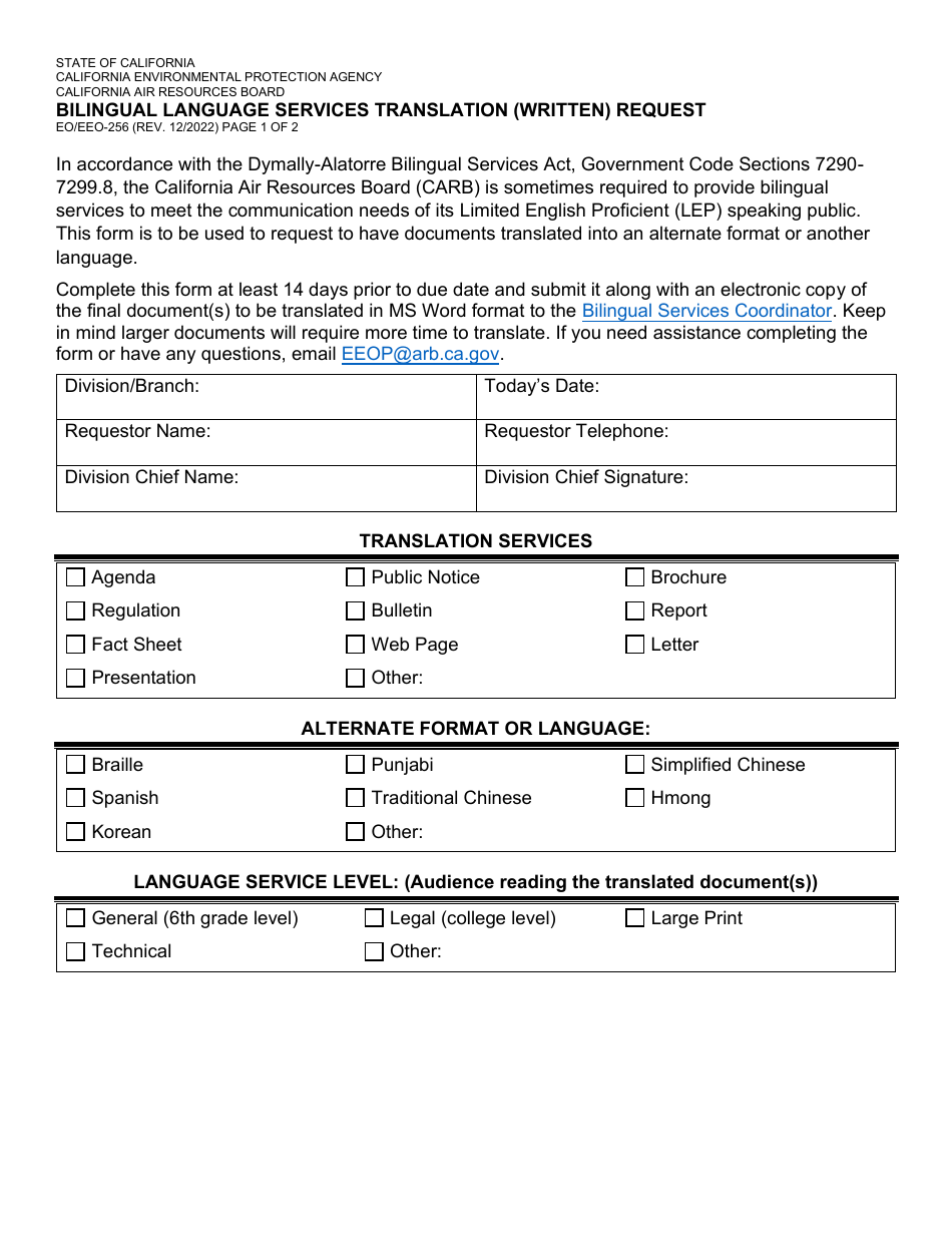 Form EO / EEO-256 Bilingual Language Services Translation (Written) Request - California, Page 1