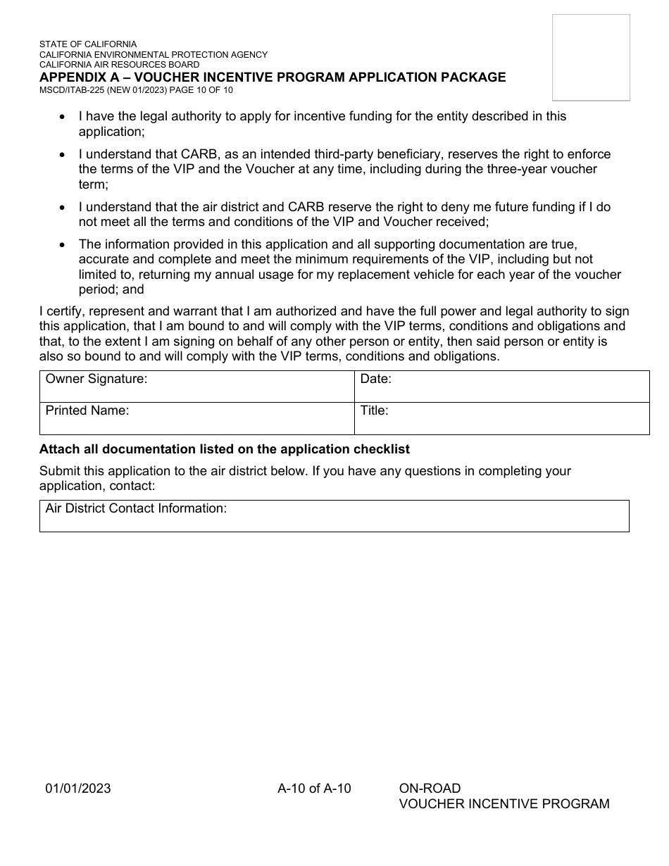 Form MSCD / ITAB-225 Appendix A Voucher Incentive Program Application Package - California, Page 10
