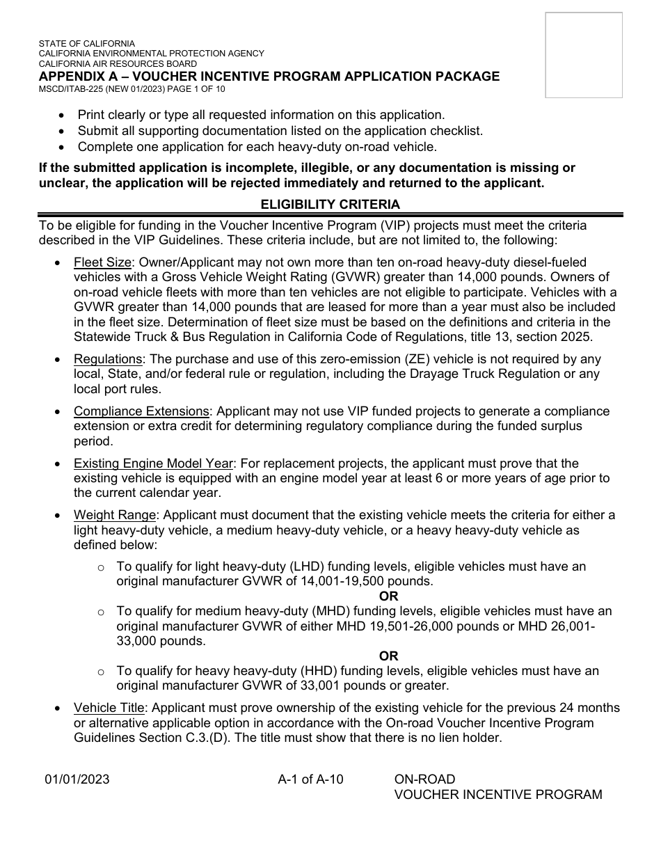 Form MSCD / ITAB-225 Appendix A Voucher Incentive Program Application Package - California, Page 1
