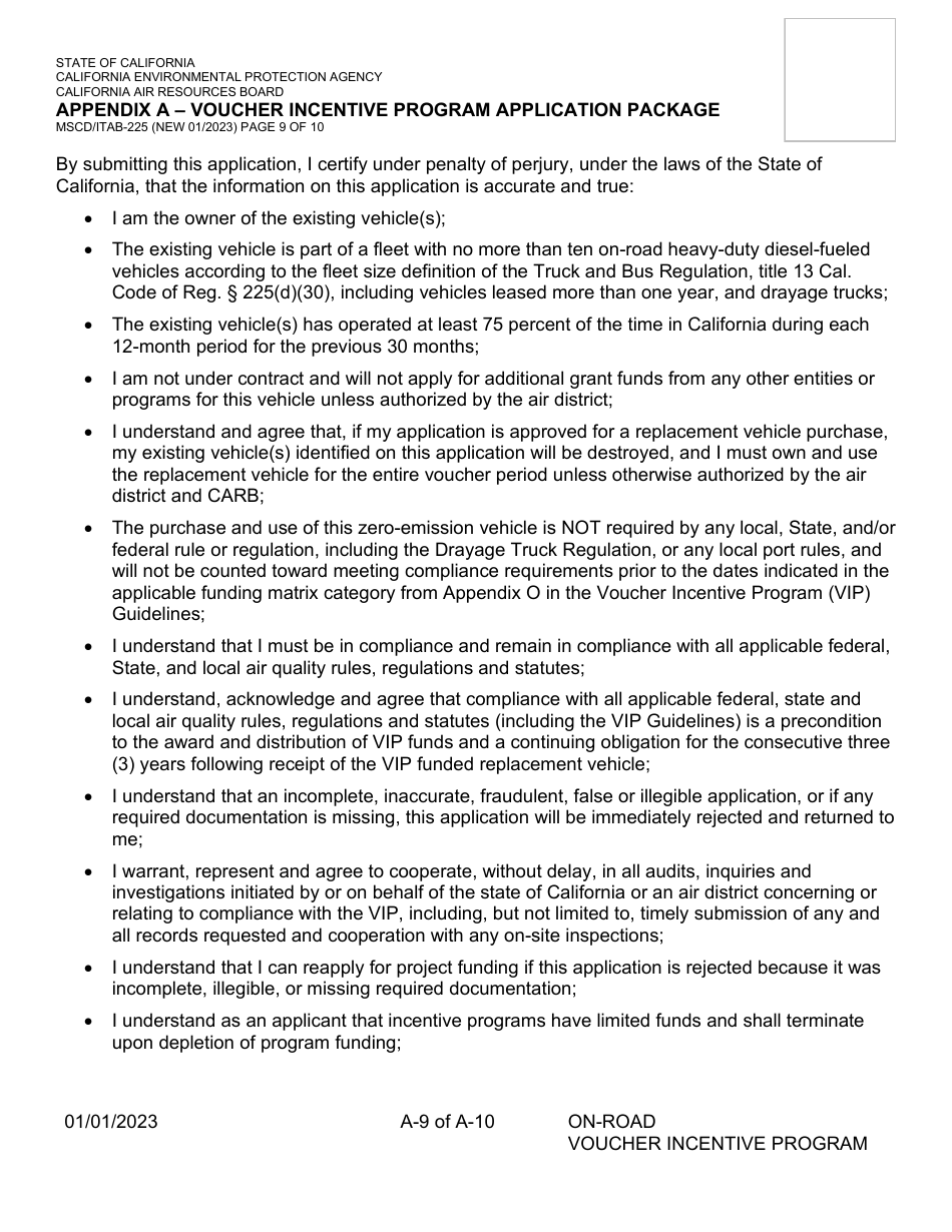 Form MSCD / ITAB-225 Appendix A Voucher Incentive Program Application Package - California, Page 9