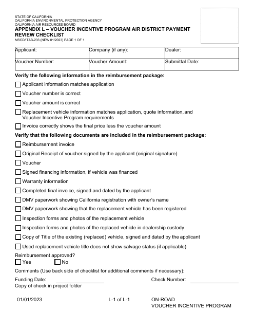 Form MSCD/ITAB-233 Appendix L Voucher Incentive Program Air District Payment Review Checklist - California