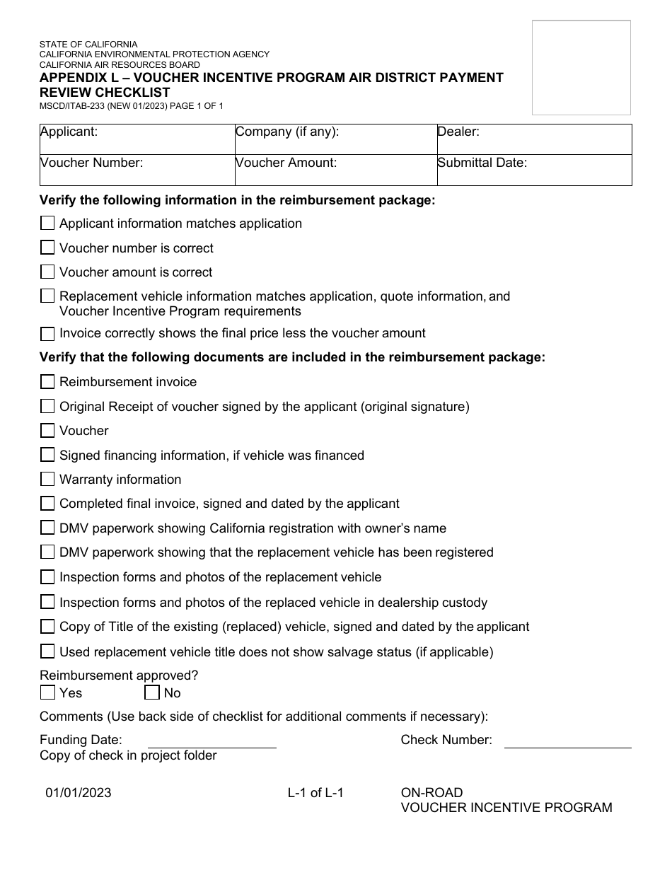 Form MSCD / ITAB-233 Appendix L Voucher Incentive Program Air District Payment Review Checklist - California, Page 1