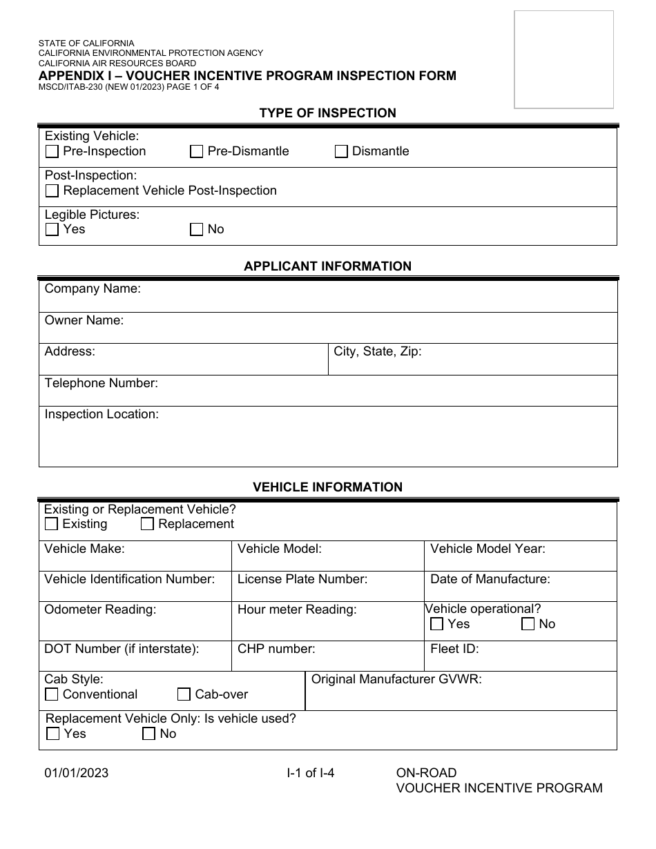 Form MSCD / ITAB-230 Appendix I Voucher Incentive Program Inspection Form - California, Page 1