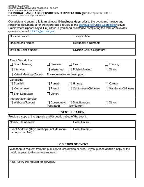 Form EO/EEO-077 Bilingual Language Services Interpretation (Spoken) Request - California
