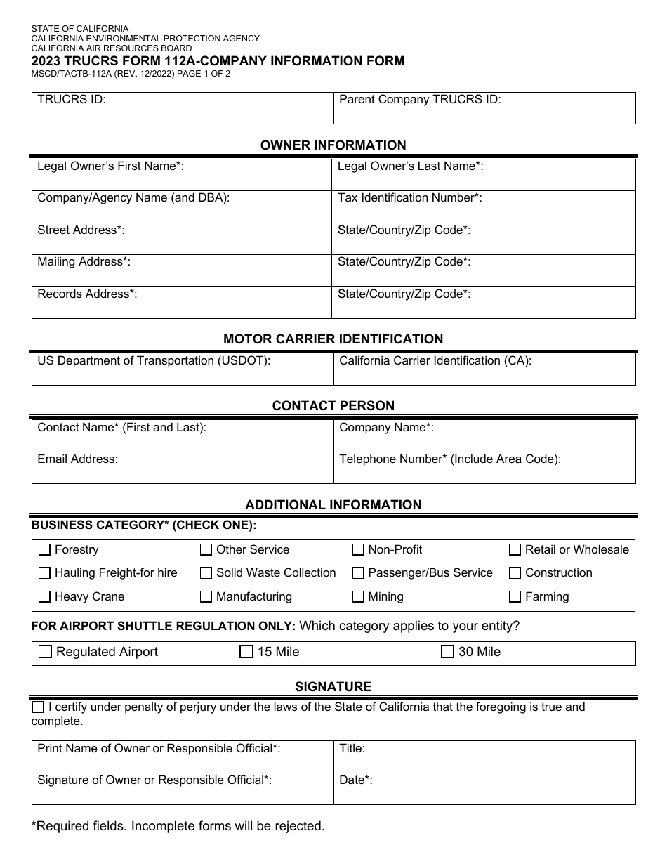 TRUCRS Form 112A (MSCD / TACTB-112A) Company Information Form - California, Page 1