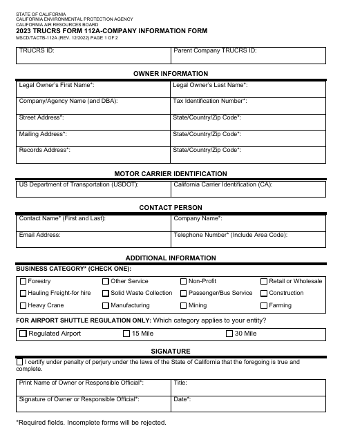 TRUCRS Form 112A (MSCD/TACTB-112A)  Printable Pdf