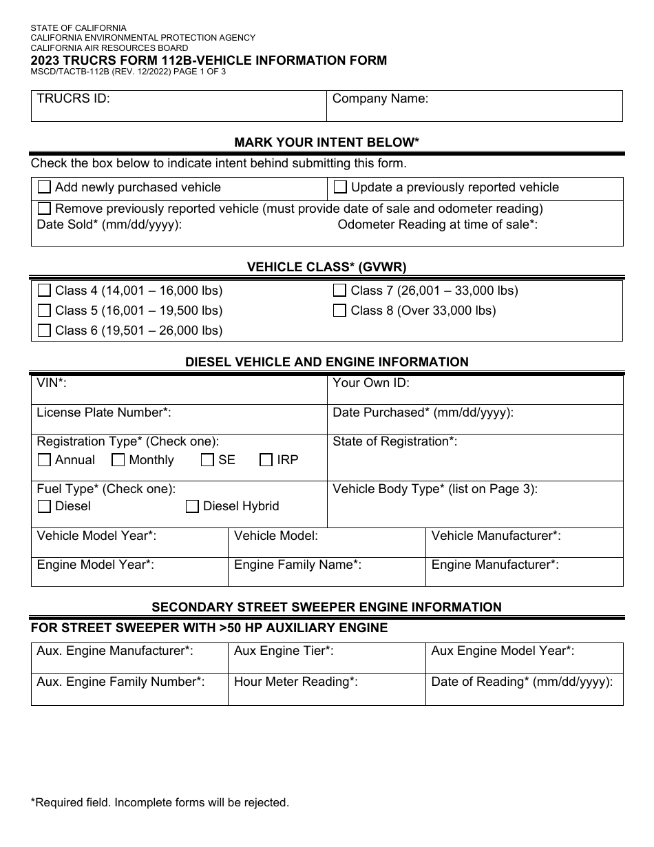 TRUCRS Form 112B (MSCD / ITAB-112B) Vehicle Information Form - California, Page 1
