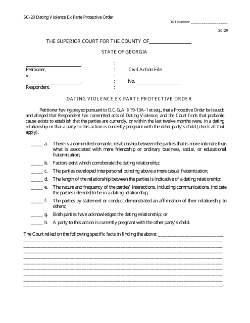 Form SC-29 Dating Violence Ex Parte Protective Order - Georgia (United States)