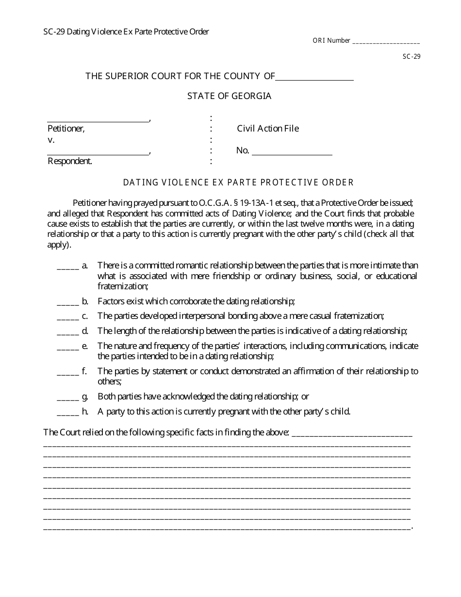 Form SC-29 Dating Violence Ex Parte Protective Order - Georgia (United States), Page 1