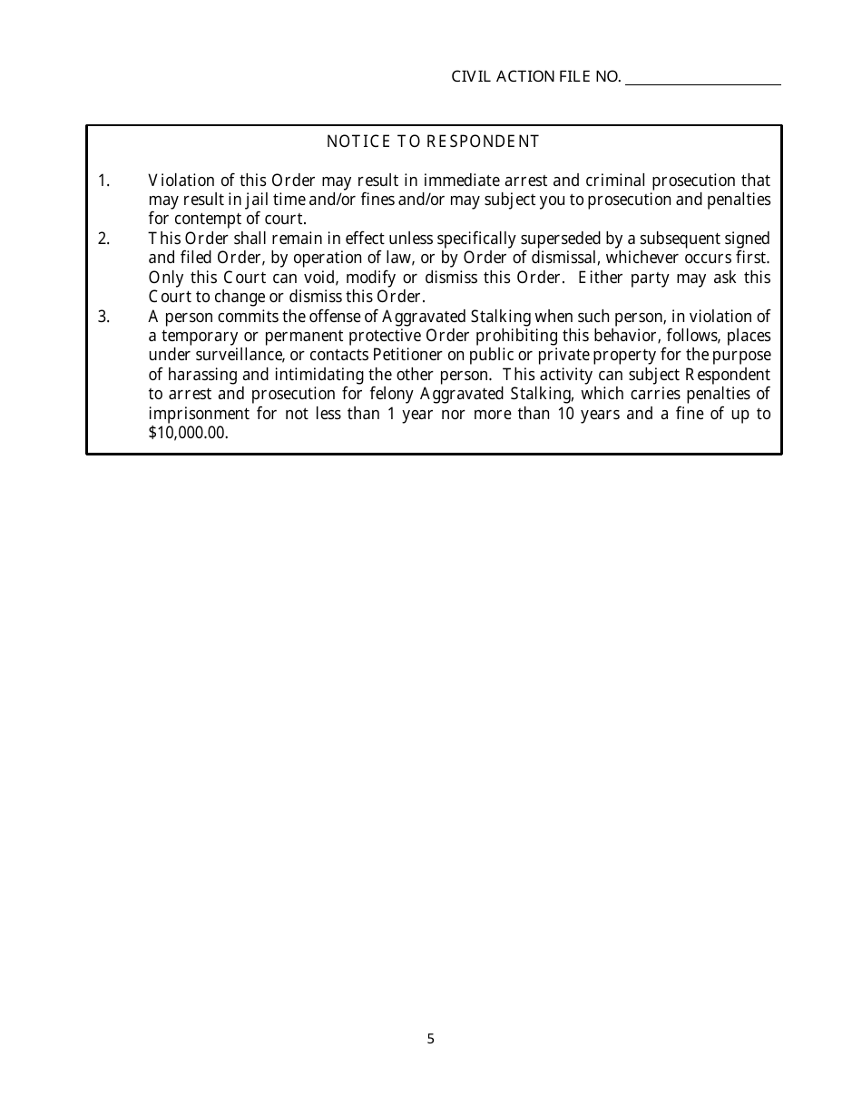 Form SC-29 Dating Violence Ex Parte Protective Order - Georgia (United States), Page 5