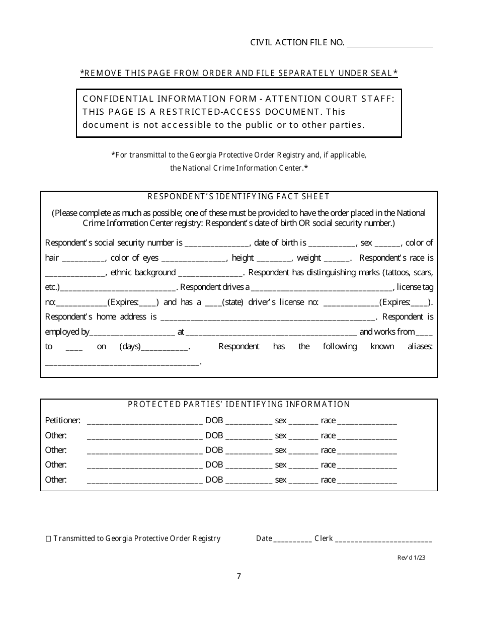 Form SC-29 Dating Violence Ex Parte Protective Order - Georgia (United States), Page 7