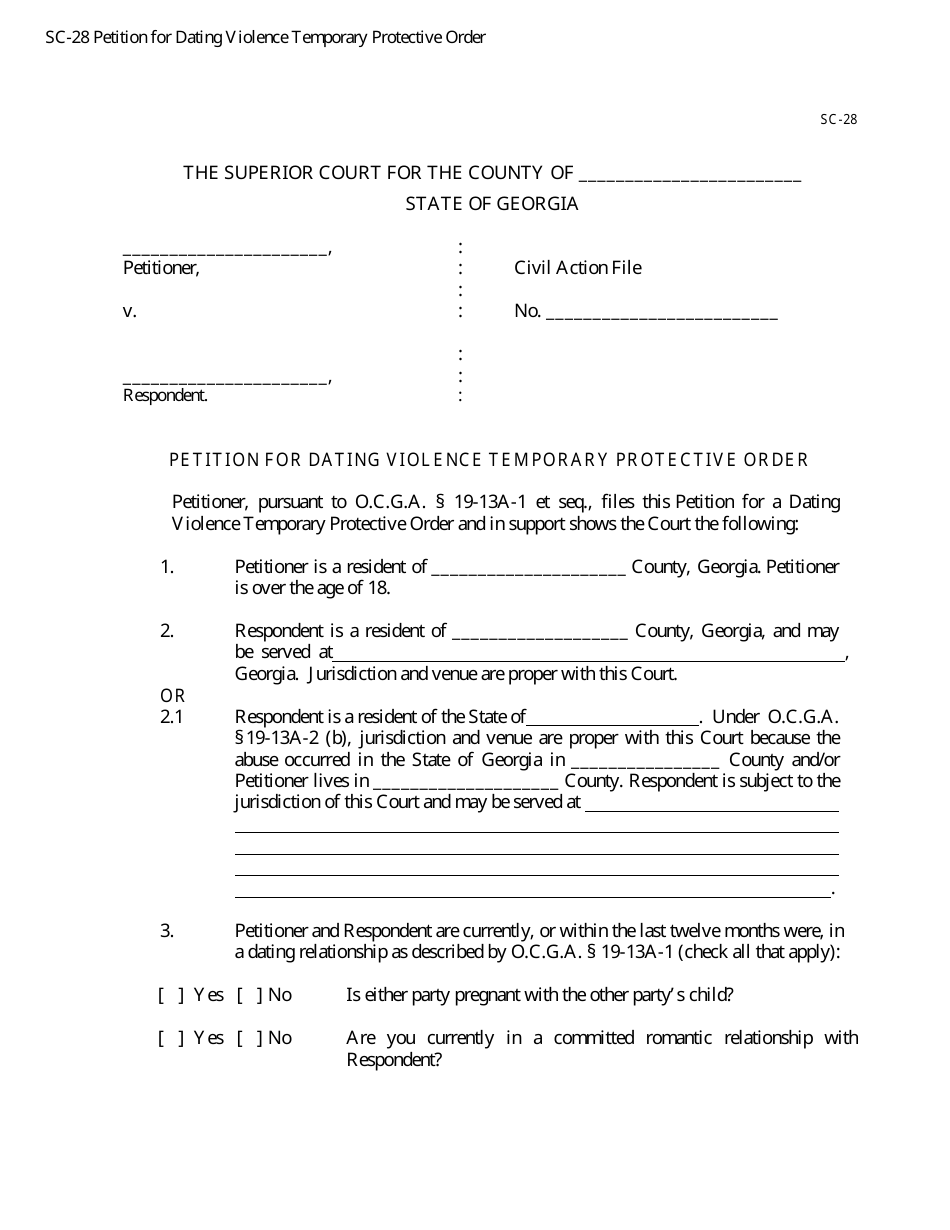 Form SC-28 Petition for Dating Violence Temporary Protective Order - Georgia (United States), Page 1
