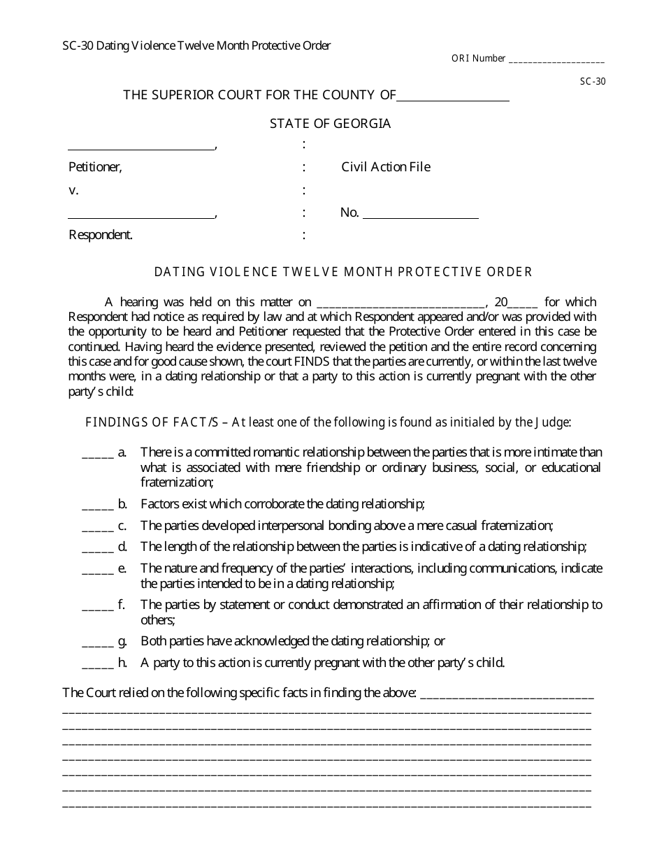 Form SC-30 Dating Violence Twelve Month Protective Order - Georgia (United States), Page 1