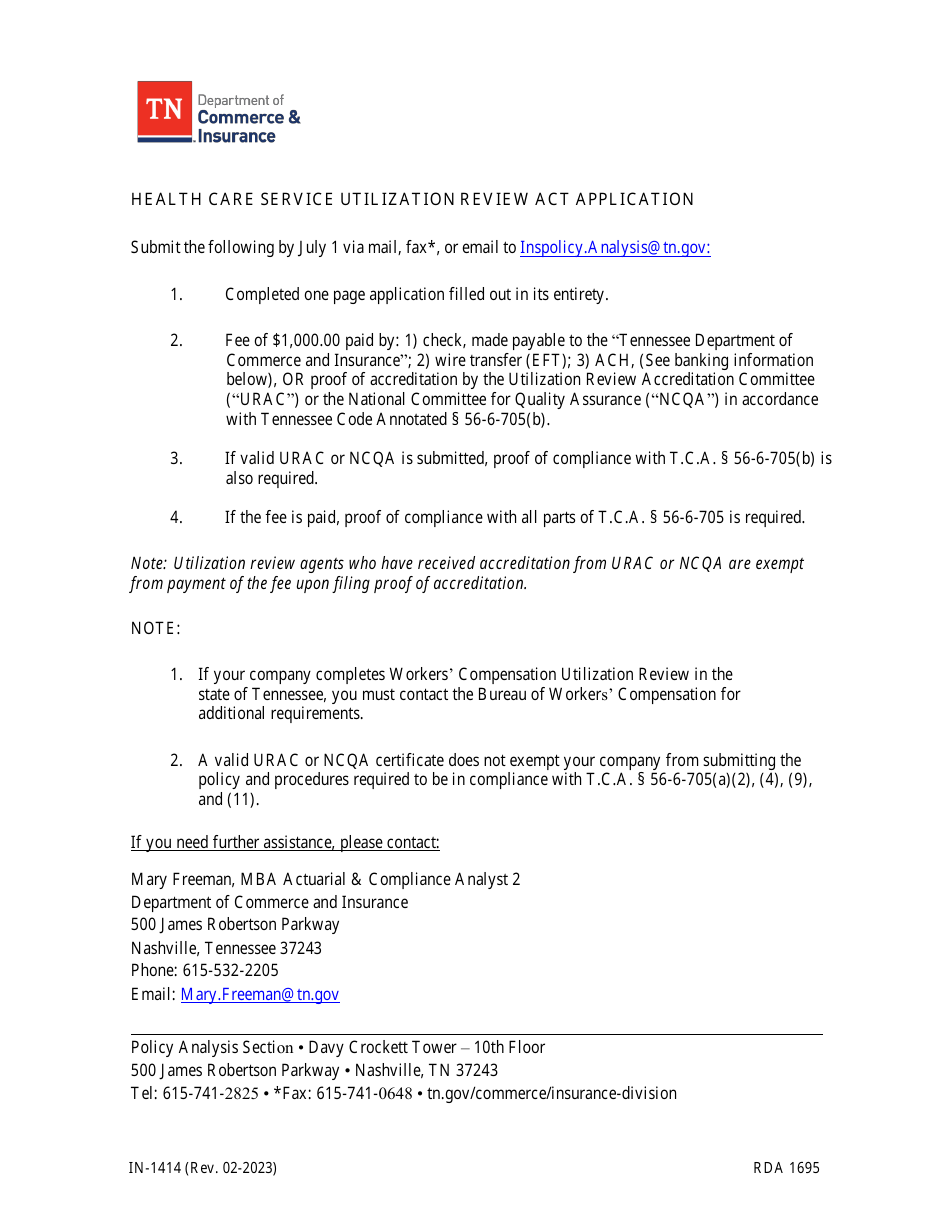 Form IN-1414 Health Care Service Utilization Review Act Application - Tennessee, Page 1