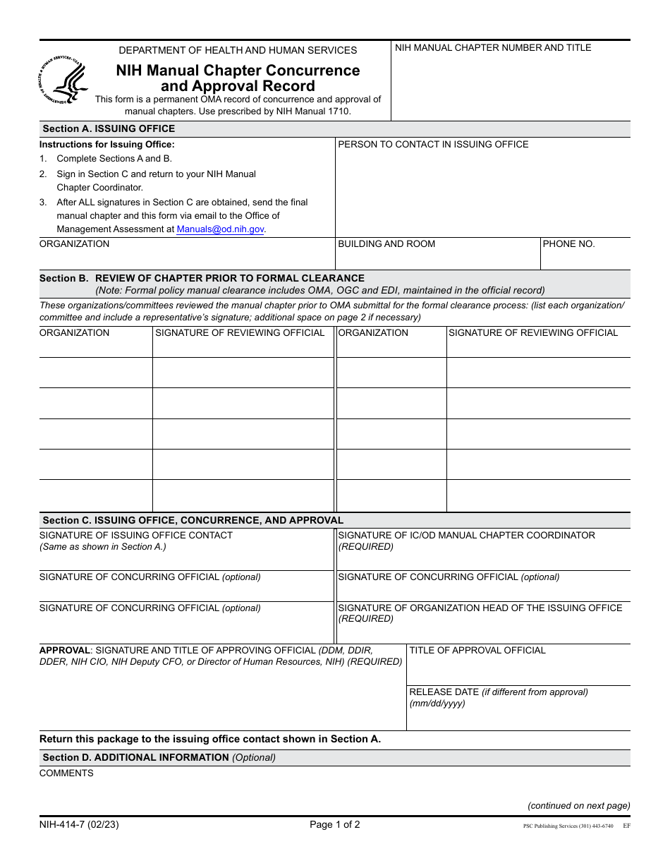 Form NIH-414-7 Nih Manual Chapter Concurrence and Approval Record, Page 1