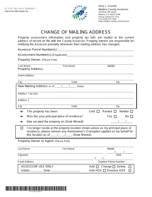 Form CAA-FC01 Change of Mailing Address - Madera County, California