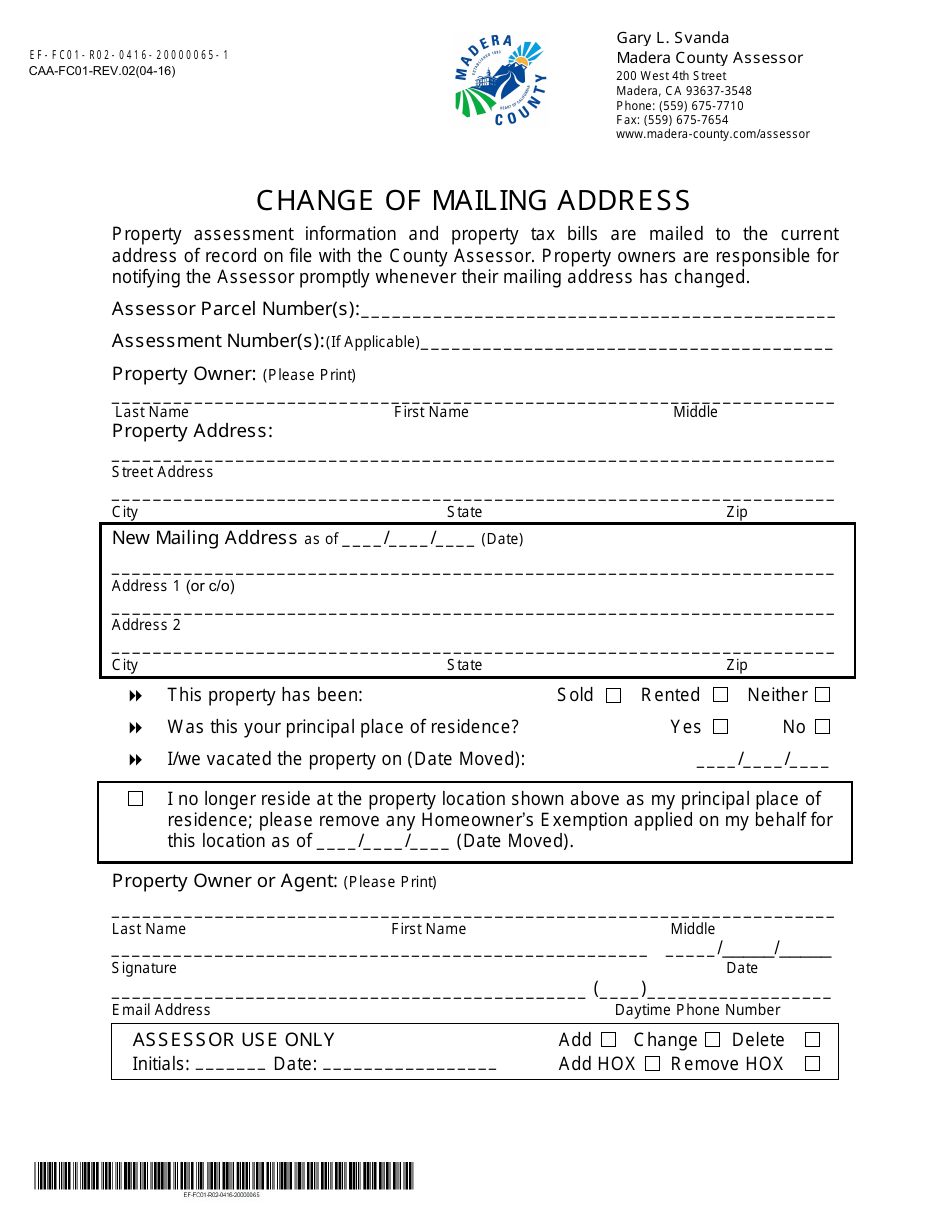 Form CAA-FC01 Change of Mailing Address - Madera County, California, Page 1