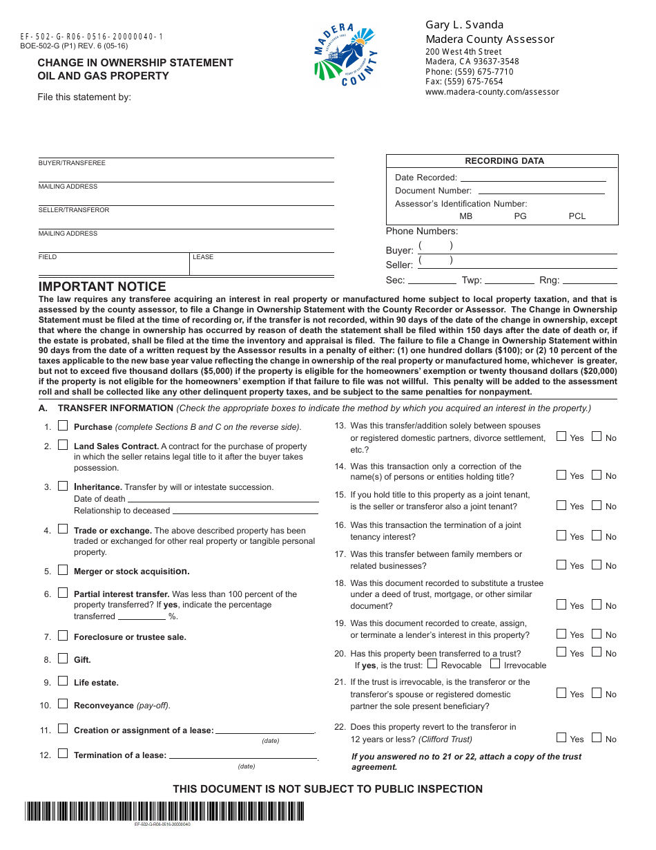 Form BOE-502-G Change in Ownership Statement Oil and Gas Property - Madera County, California, Page 1