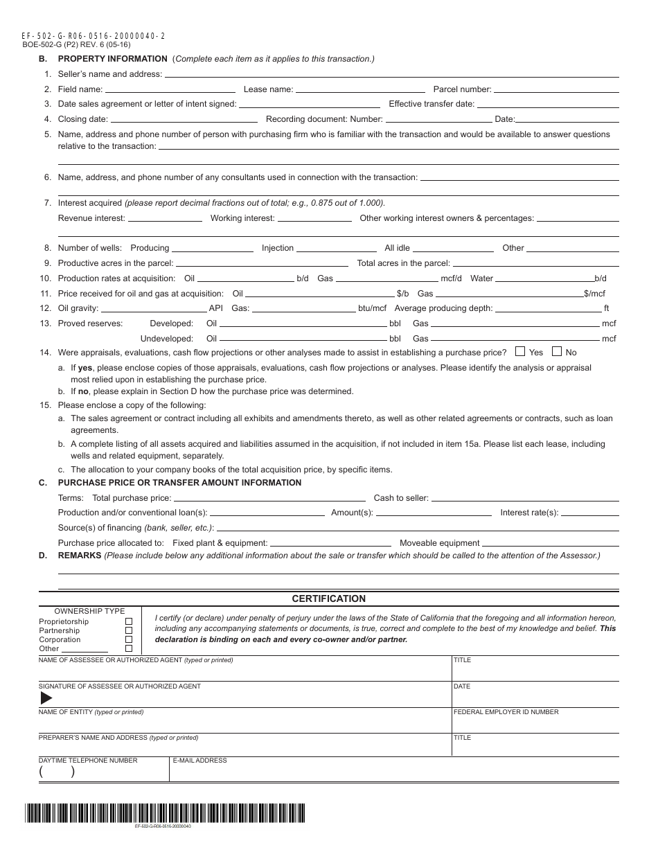 Form BOE-502-G - Fill Out, Sign Online and Download Fillable PDF ...