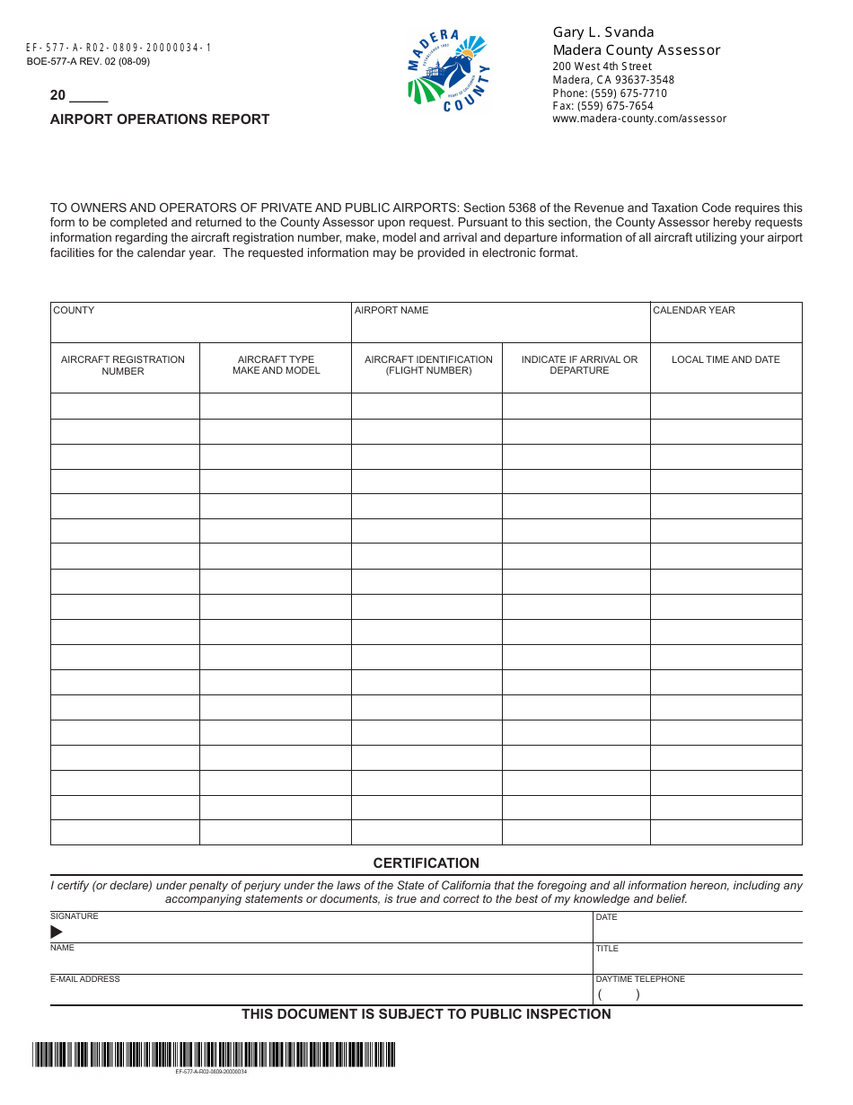 Form BOE-577-A Airport Operations Report - Madera County, California, Page 1