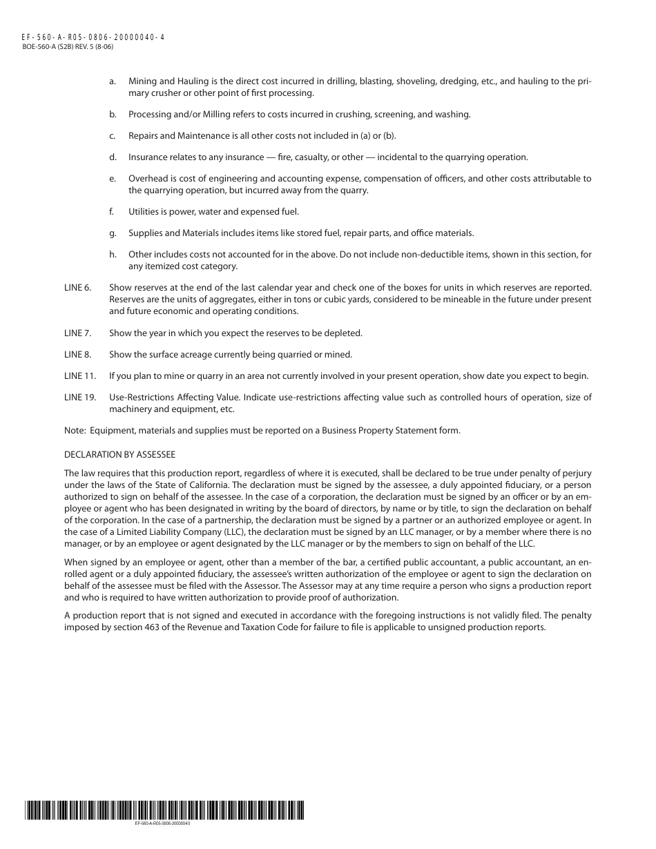 Form BOE-560-A Aggregate Production Report (Includes Sand, Gravel, Stone, Limestone, Clay and Similar Products) - Madera County, California, Page 4