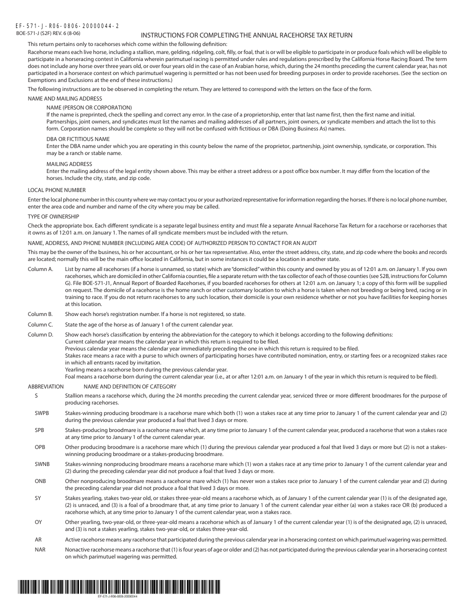 Form BOE-571-J Annual Racehorse Tax Return - Madera County, California, Page 2