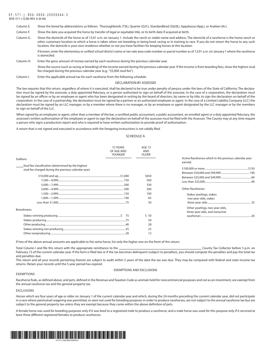 Form BOE-571-J Annual Racehorse Tax Return - Madera County, California, Page 3