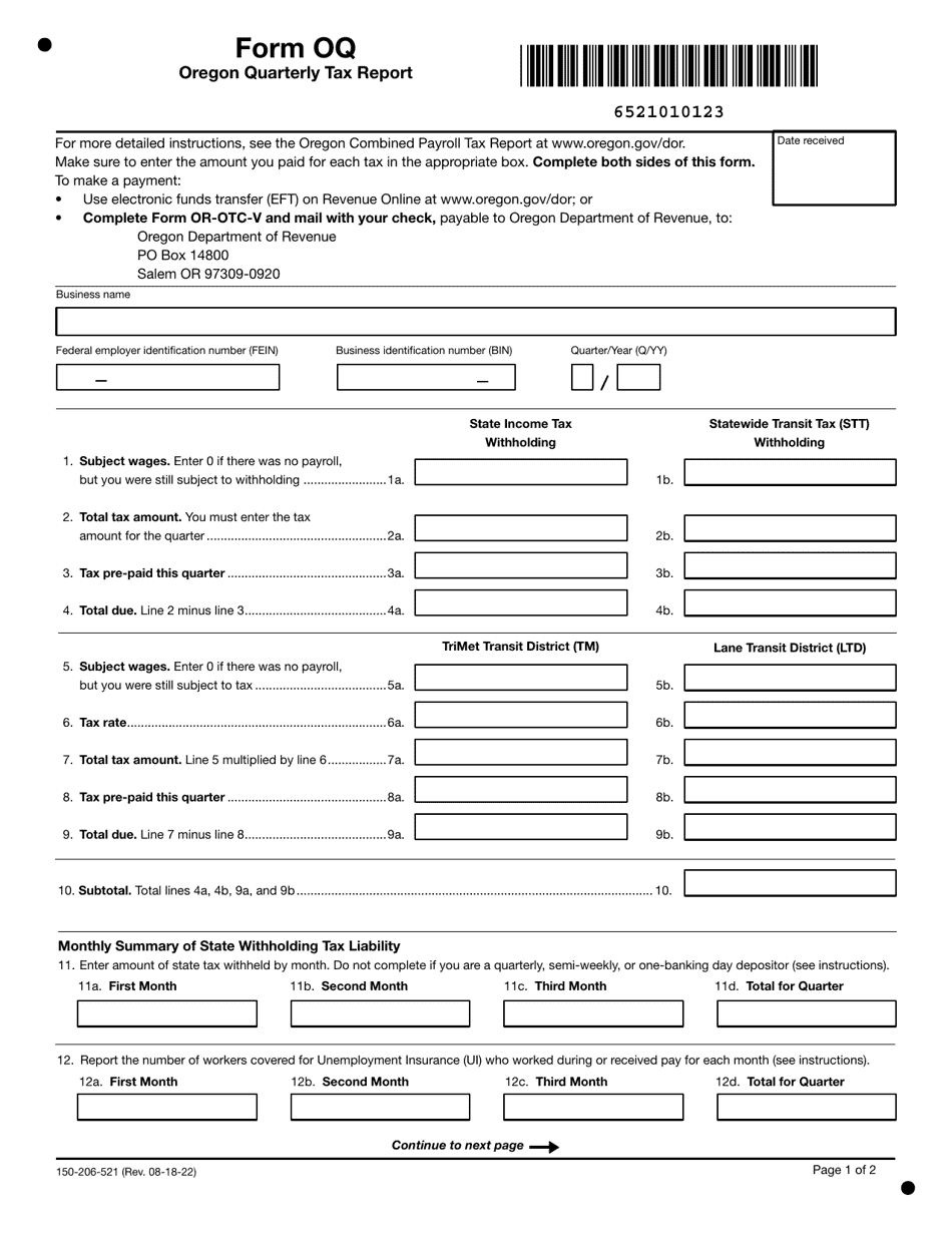 Form OQ (150206521) Download Printable PDF or Fill Online Oregon