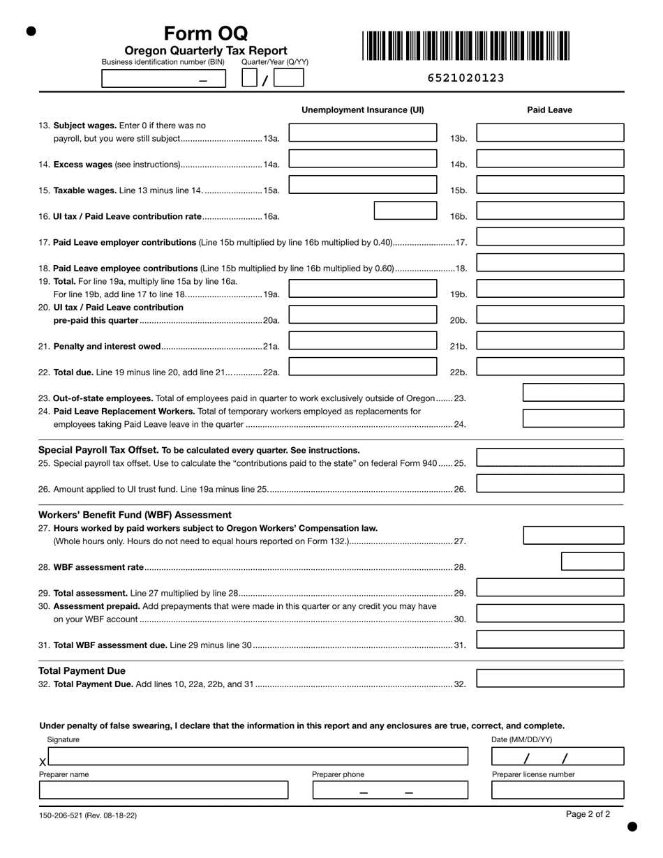 Form OQ (150206521) Download Printable PDF or Fill Online Oregon