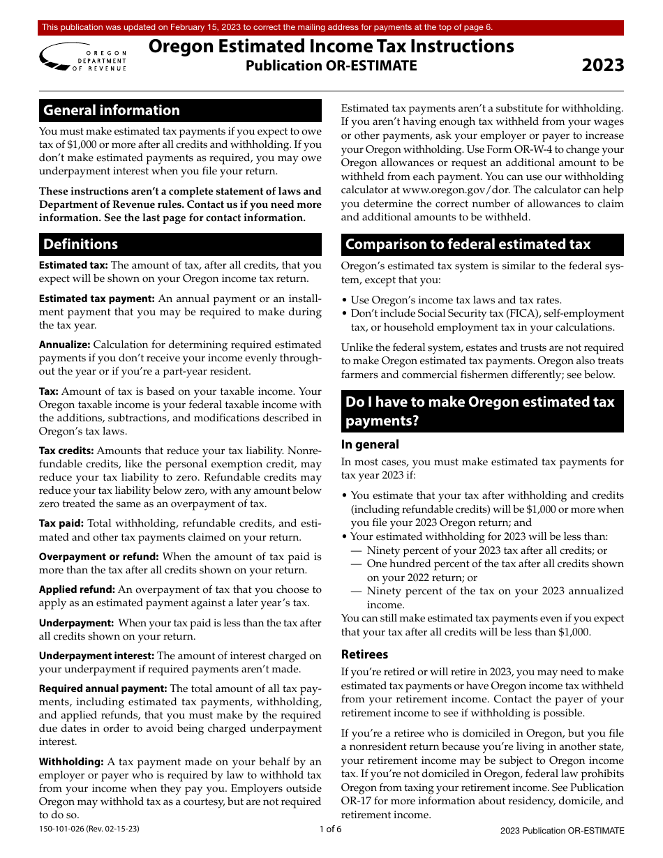 Instructions for Form OR-ESTIMATE, 150-101-026 Oregon Estimated Income Tax Instructions - Oregon, Page 1