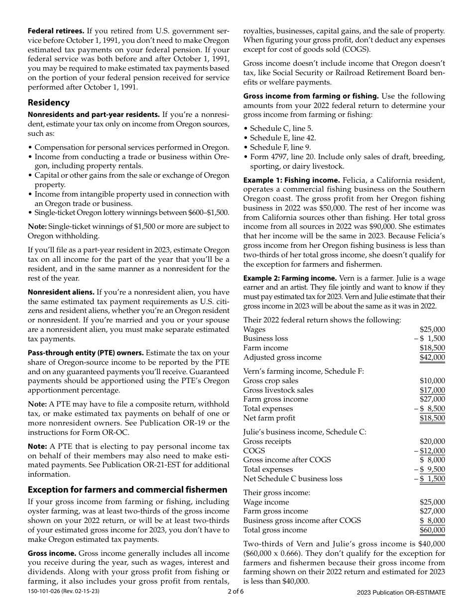 Instructions for Form OR-ESTIMATE, 150-101-026 Oregon Estimated Income Tax Instructions - Oregon, Page 2