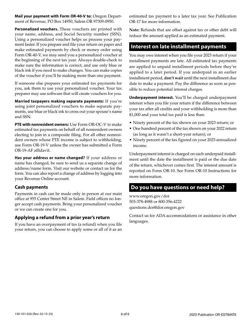Instructions for Form OR-ESTIMATE, 150-101-026 Oregon Estimated Income Tax Instructions - Oregon, Page 6