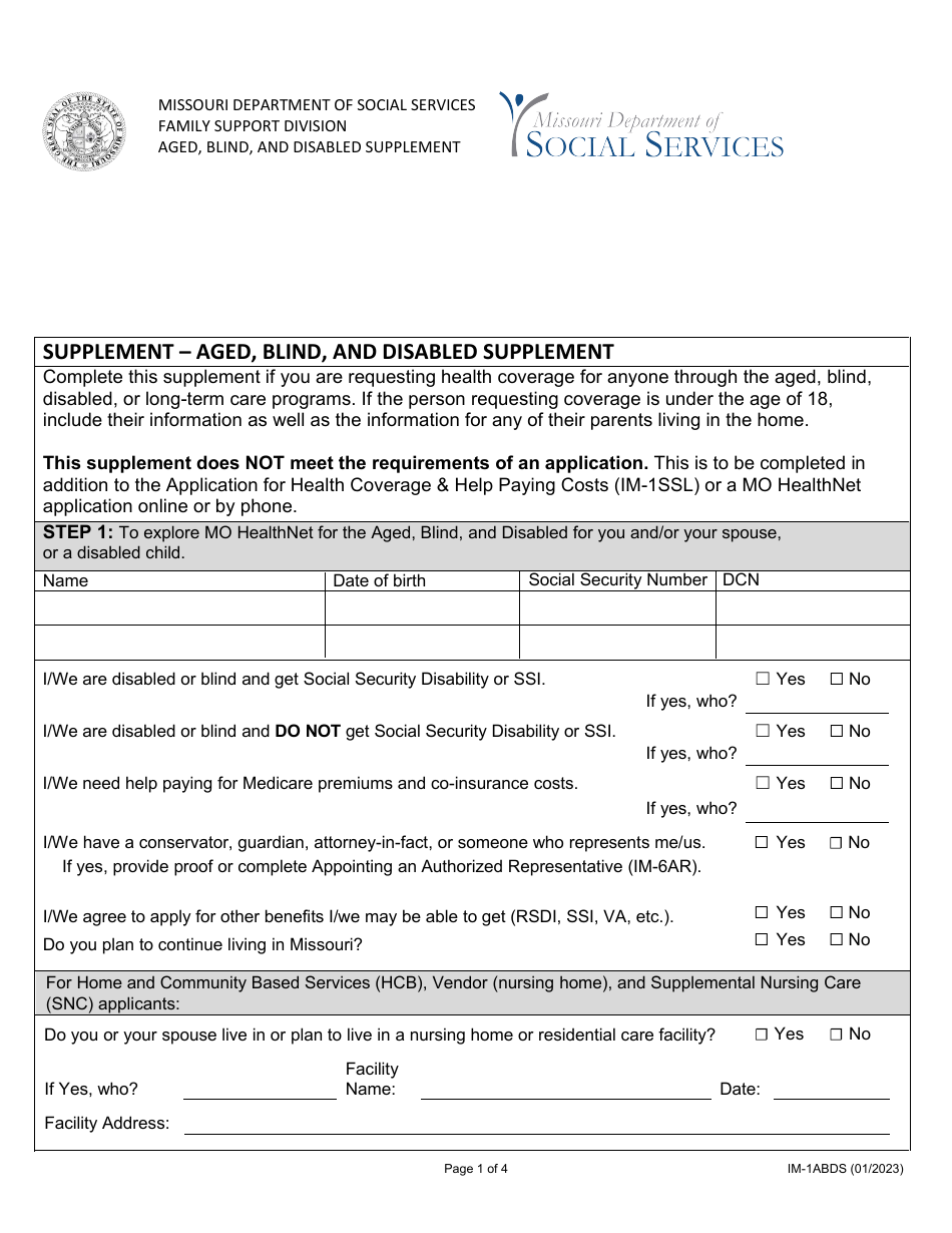 Form Im 1abds Download Fillable Pdf Or Fill Online Aged Blind And Disabled Supplement 7851
