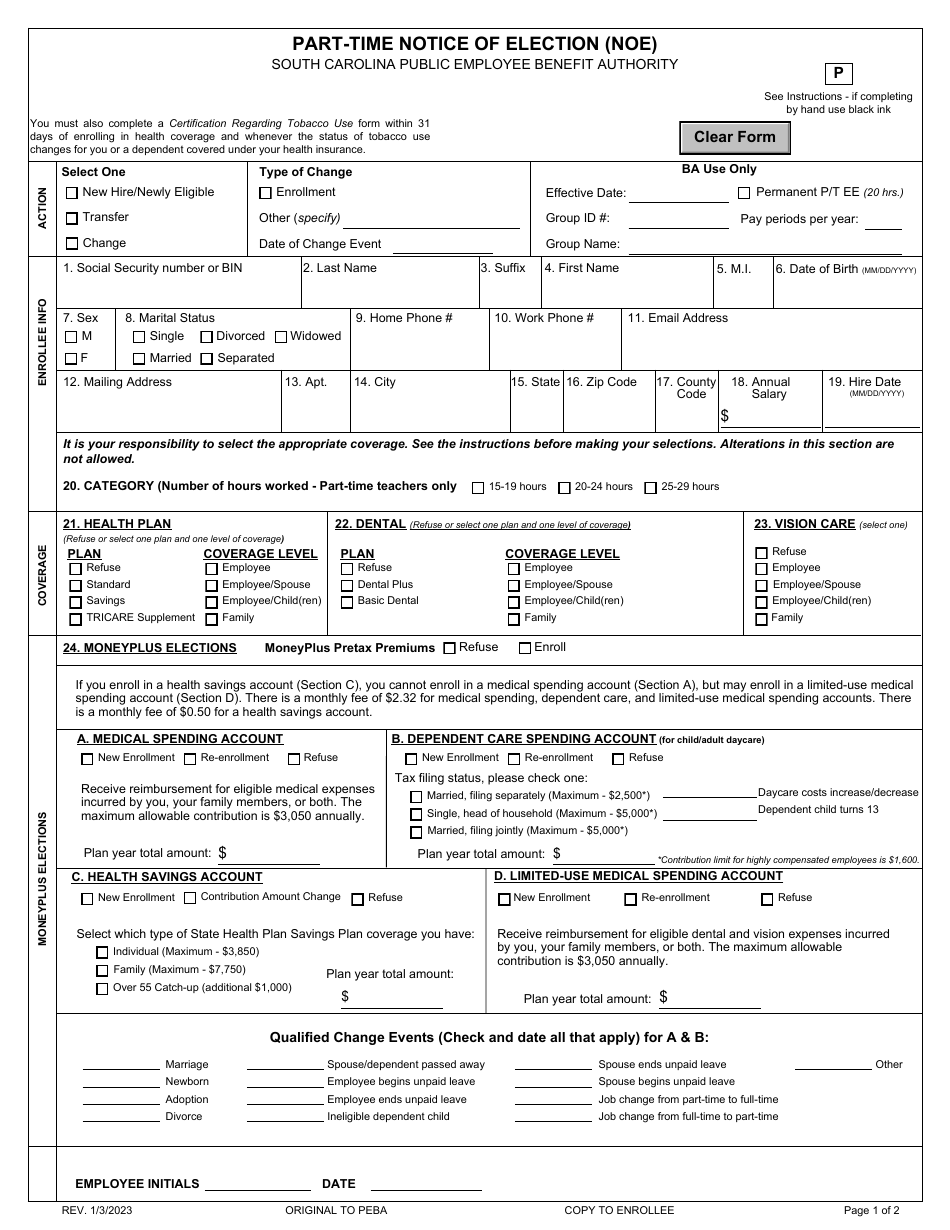 South Carolina Part-Time Notice of Election (Noe) Download Fillable PDF ...