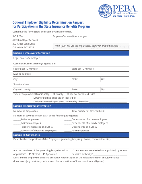 Optional Employer Eligibility Determination Request for Participation in the State Insurance Benefits Program - South Carolina Download Pdf