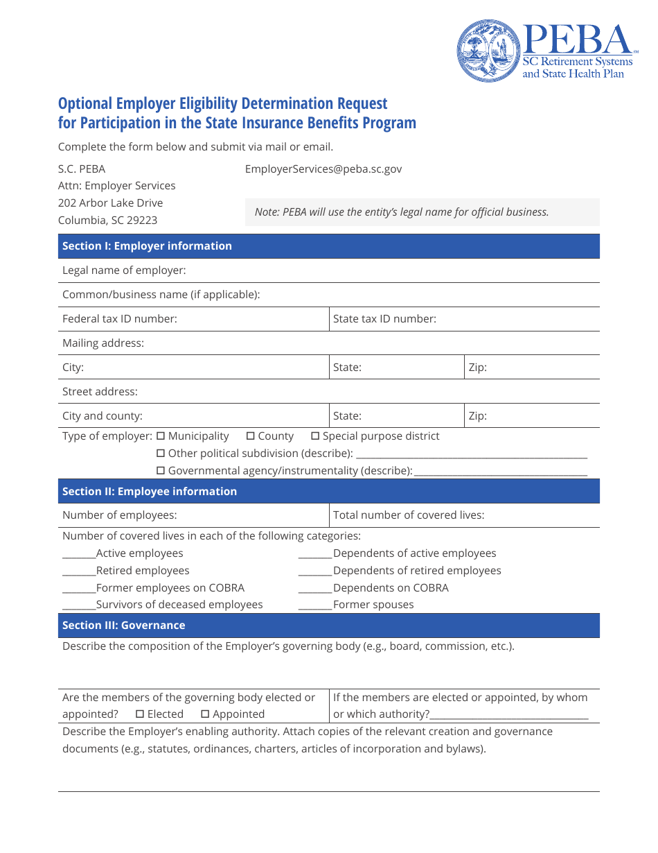 Optional Employer Eligibility Determination Request for Participation in the State Insurance Benefits Program - South Carolina, Page 1
