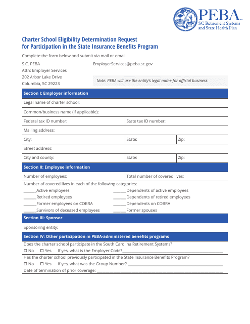 Charter School Eligibility Determination Request for Participation in the State Insurance Benefits Program - South Carolina Download Pdf