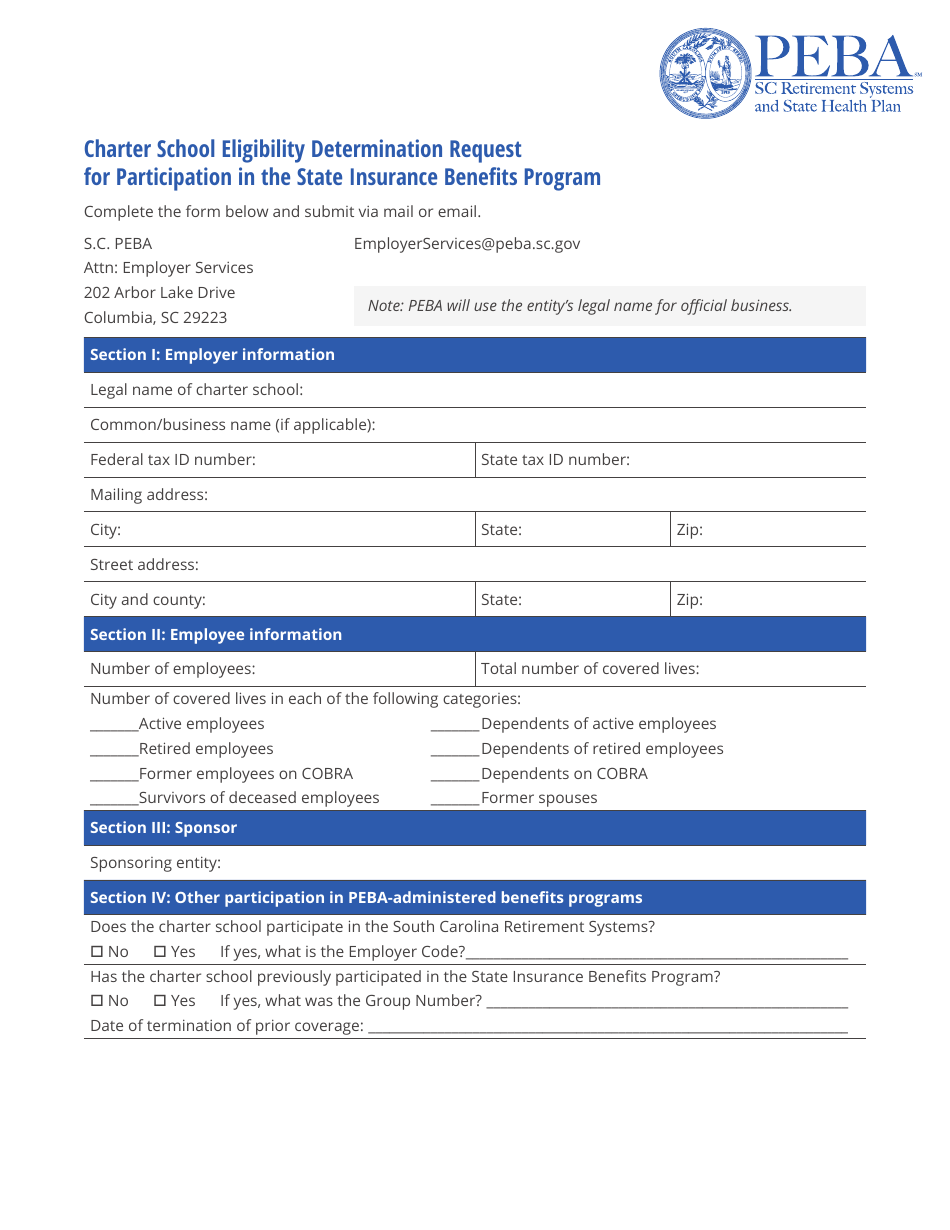 Charter School Eligibility Determination Request for Participation in the State Insurance Benefits Program - South Carolina, Page 1