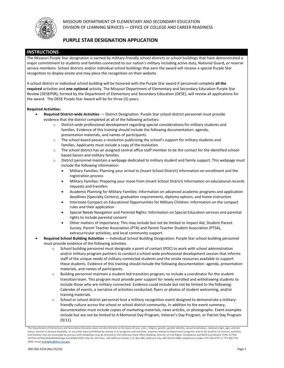 Form MO500-3254 Purple Star Designation Application - Missouri, Page 1